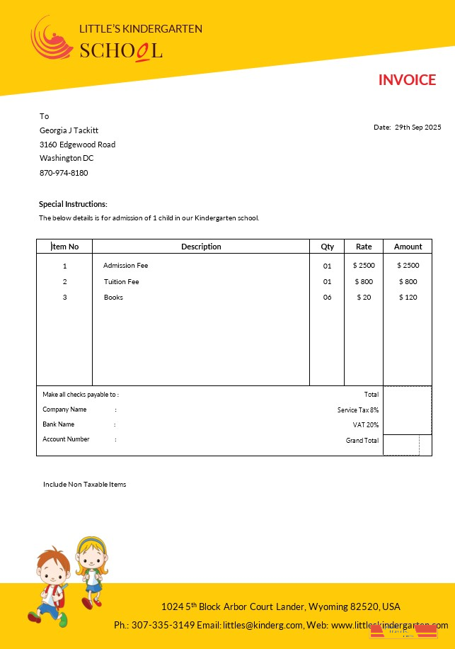 Kindergarten School Invoice Template PSD template